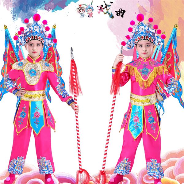 

traditional chinese costumes for kids peking opera drama stage performance clothing knife hua mulan festival dance outfit wear, Black;red