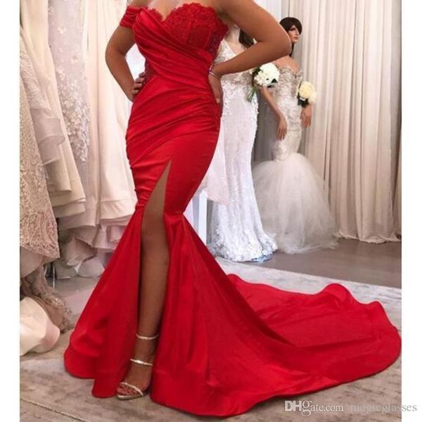 

red mermaid prom dresses 2019 sweetheart pleats lace applique thigh high split sweep train long prom gowns, Black