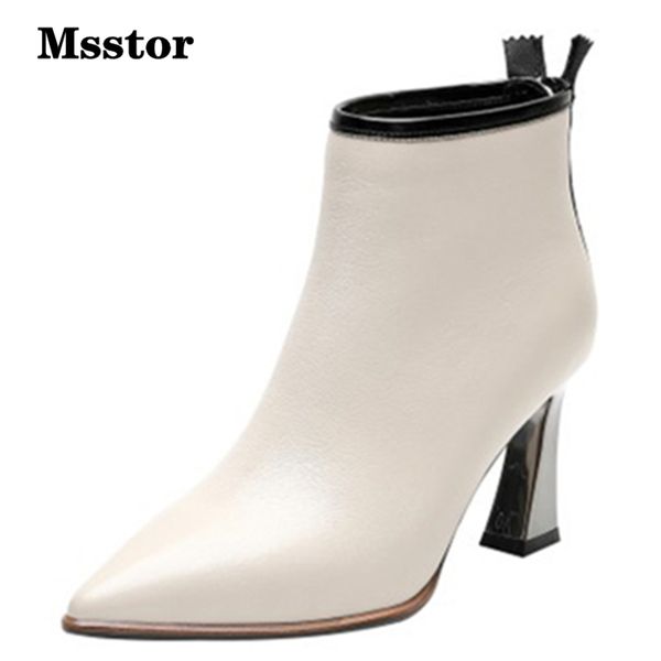 

pointed toe white boots cow leather zipper solid black high heels boots fashion winter elegant women ankle party