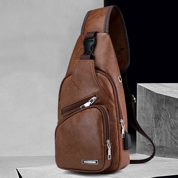 

men shoulder chest bag usb charging pu leather zipper fashion for mobile phone