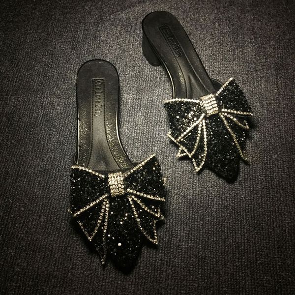 

sandals handmade crystal bowtie women pointed toe diamond slippers thick high heels glitter party shoes woman shiny flip flops, Black