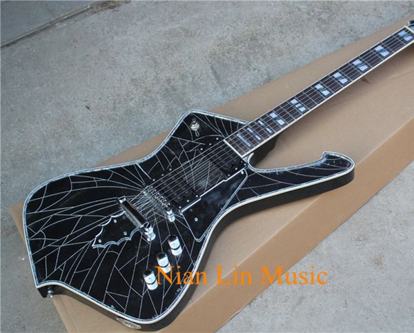 

6-string electric guitar with cracked mirror surface,2 open pickups,colorful abalone fret marks inlay,can be customized