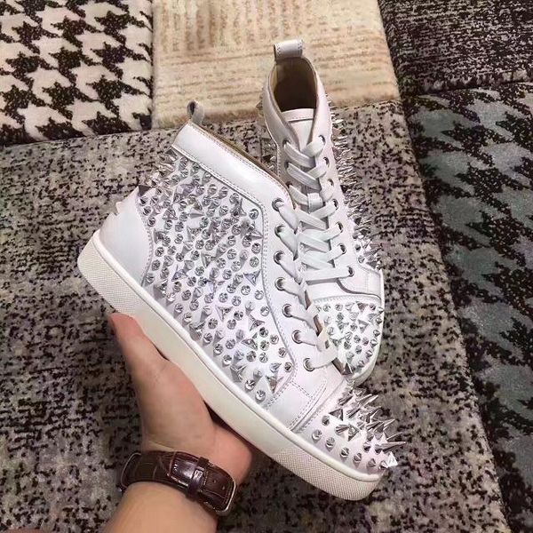 

with box] full spikes shoes red bottom high cut designer brand rivet studded spikes flats casual shoes men women party lovers leather35-46, Black