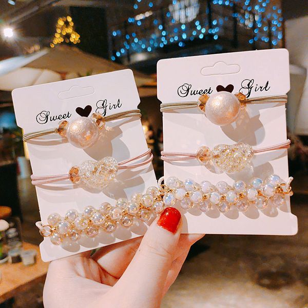 

3pcs set elastic cute hair accessories hair ropes women girls hair bands crystal rubber pearl hairband, Slivery;white