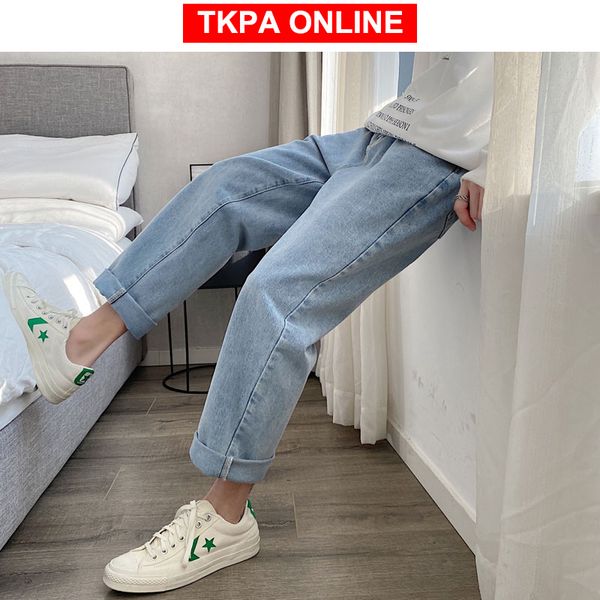 

men vintage kpop light blue jeans 2020 mens casual streetwear loose harem pants male oversized high waisted denim pants