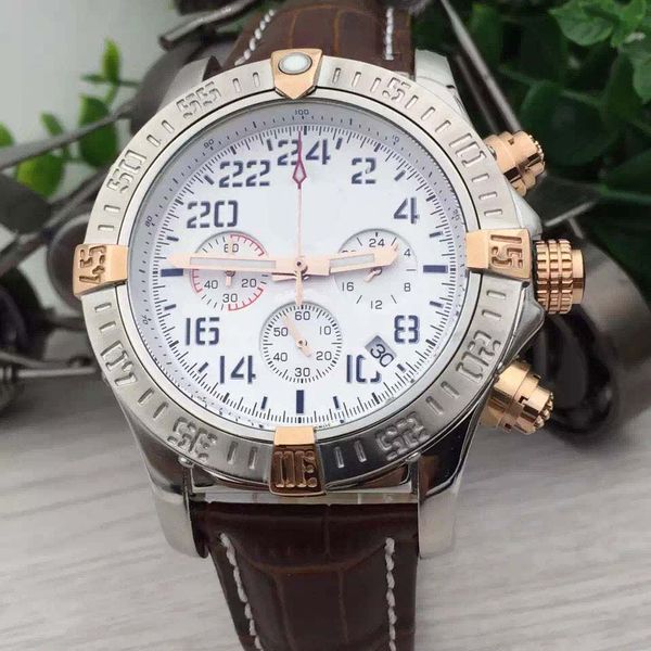 

all subdials working brown leather band mens watches br 1884 super avenger ii white dial quartz chronograph outdoor 48mm watch wristwatches, Slivery;brown