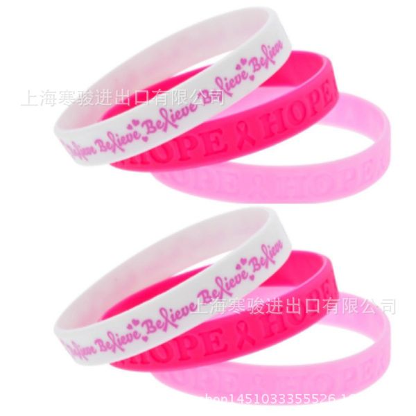

printed breast cancer pink ribbon awareness believe hope silicone sports bangles fluorescent rubber fitness wristband bracelet, Golden;silver