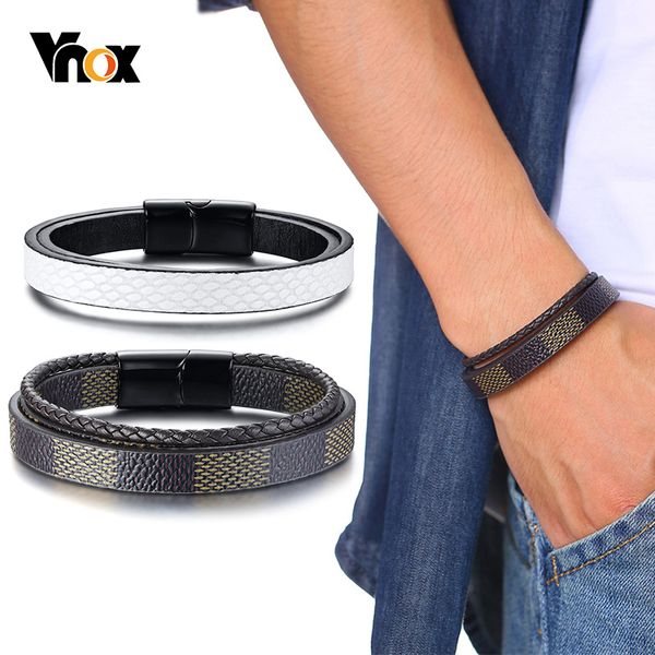 

vnox stylish overlap layered genuine leather bracelets for men casual male jewelry with stainless steel magnet clasp, Golden;silver