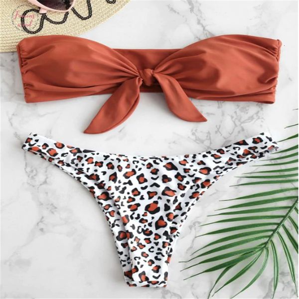 

chestnut red low waist swimsuit women fashion beach bikini leopard tied bandeau bikini set holiday bathing suit, White;black