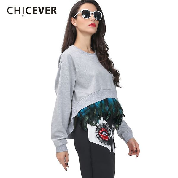 

chicever] 2017 весна женщины съемные перья негабаритных толстовки женские длинные рукава асимметричные растениеводство топы повседневная од, Black