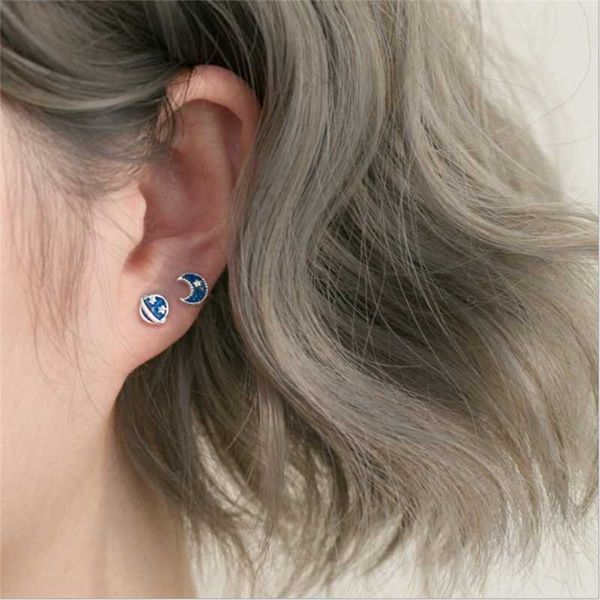 

creative blue planet moon asymmetric stud earrings for women earring wedding party, Golden;silver