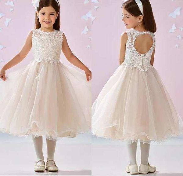 

cute lovely a line jewel ankle length ivory tulle flower girls dresses for wedding appliques lace beaded keyhole back firstcommunicate gowns, White;blue