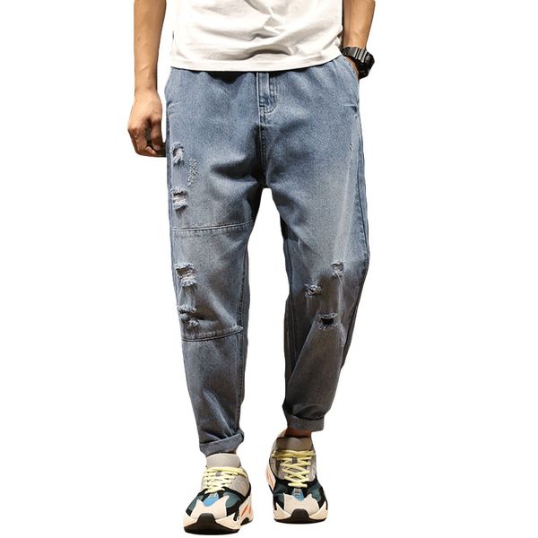 

лето весна hole тонкие лодыжки длины джинсовые штаны досуг мужские бегуны брюки рваные джинсы мужской эластичный пояс сыпучие синий средние, Blue