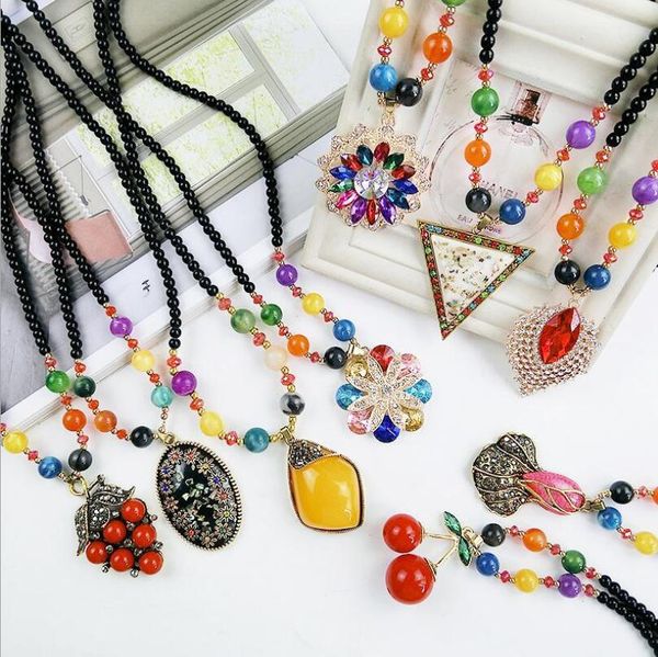 

wholesales sweater chain pearl long necklaces bohemian retro style pendants jewelry cat eye gem stone fashion crystal dhl free, Silver