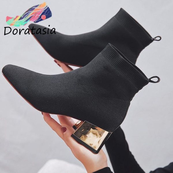 

doratasia new spring girl fashion square toe sock boots ankle stretch boots women high chunky heels shoes woman, Black