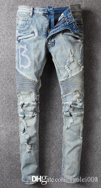 

europe and the united states high street fashion motorcycle pants foreign trade old old green hole embroidery slim cowboy pants men, Blue