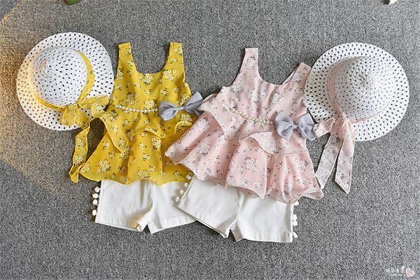 

summer baby girl clothes set sundress sleeveless with pearl bow dress + shorts + hat 3pcs/set, White