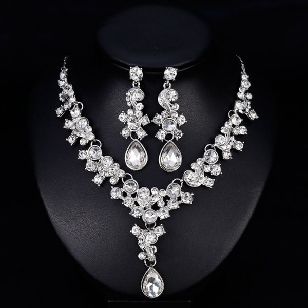 

water drop crystal necklace earrings women's wedding accessories fashion rhinestone bridal jewelry set, Silver
