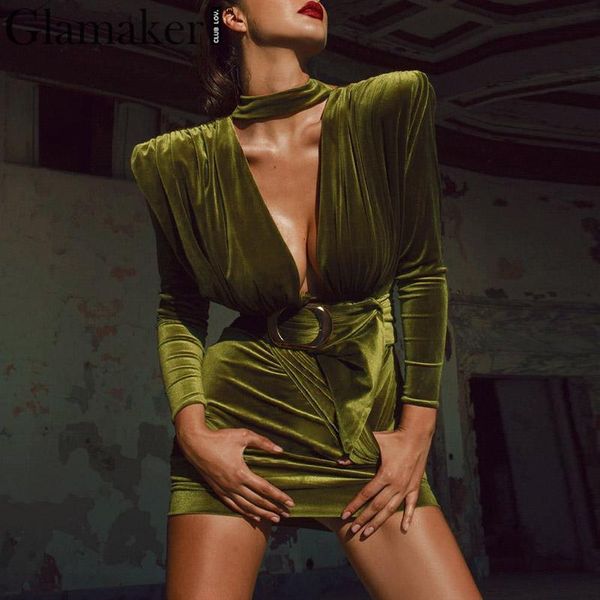 

glamaker зеленый бархат глубокий v шеи мини платье-футляр с длинным рукавом женщин сексуальный клуб платье зима складку элегантное вечернее, Black;pink