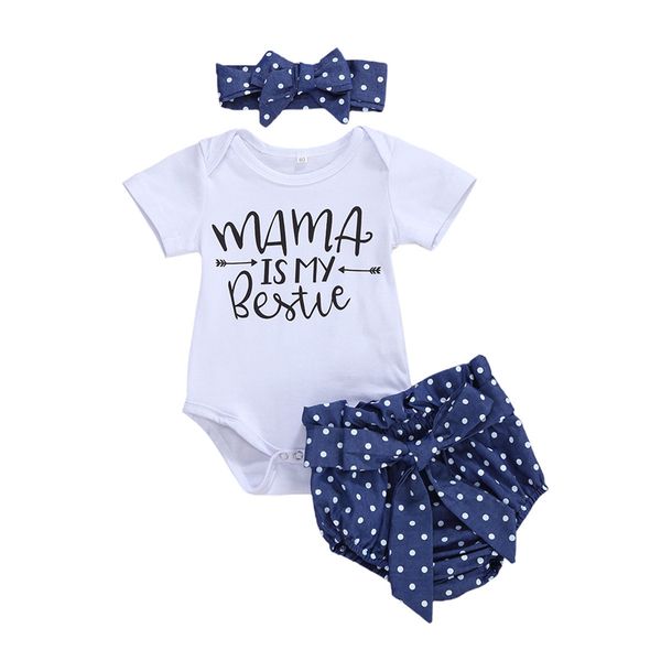 

clothing sets 2021 summer toddler kids baby girls outfit cotton short sleeve letter romper polka dot printed shorts headband 3pcs, White