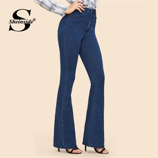 

sheinside vintage solid flare hem skinny jeans woman long denim trousers women blue pants capris casual mid waist womens jeans