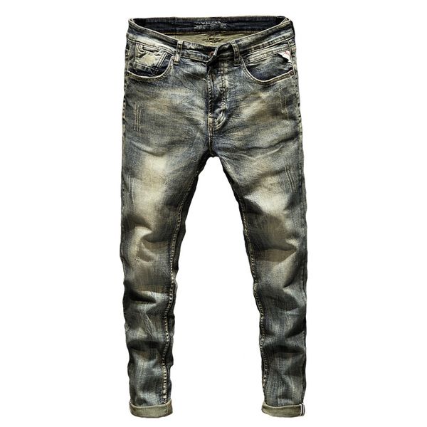 

2020 men's jeans nostalgic trend slim fit elastic jeans pants vintage man's fashion pencil skinny denim pants, Blue