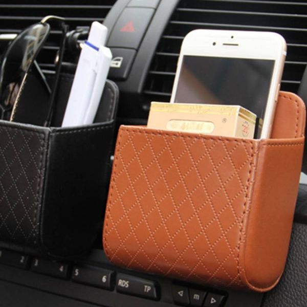 

car storage bag of fixing auto ac vent outlet pu leather car organizers for phone holder and for ticket
