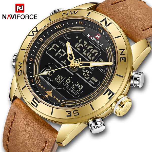 

naviforce 9144 men fashion gold sport watches mens led digital quartz watch army leather analog clock relogio masculino, Slivery;brown