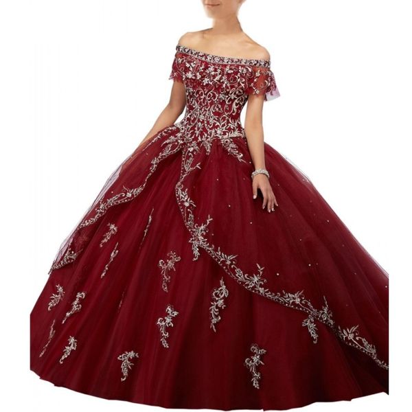 

2019 burgundy sweet 16 quinceanera dresses long ball gown prom dress girls off shoulder sliver embroidery vestidos 15 anos, Blue;red