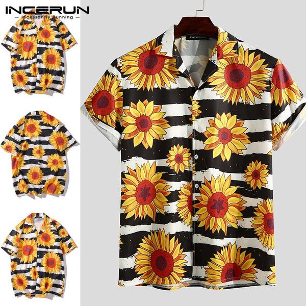 

inceun 2020 man sunflower pattern printed shirts casual short sleeve blouse men loose chic hawaiian vacation shirt camisa s-3xl, White;black