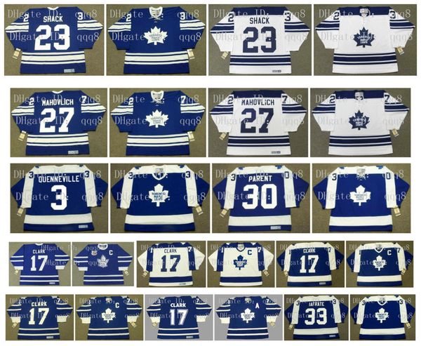 

vintage toronto maple leafs jersey 3 joel quenneville 27 frank mahovlich 30 bernie parent 17 wendel clark 33 al iafrate eddie shack hockey, Black;red