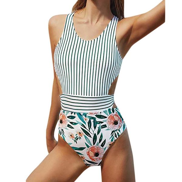 

two piece dress bikini 2021 set swimwear push-up padded bra women's lilies print tank one-piece stripe zipper bandage bikiniz322, White