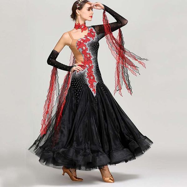 

black standard ballroom dresses women long sleeve black waltz dancing skirt ballroom competition dance dress, Black;red