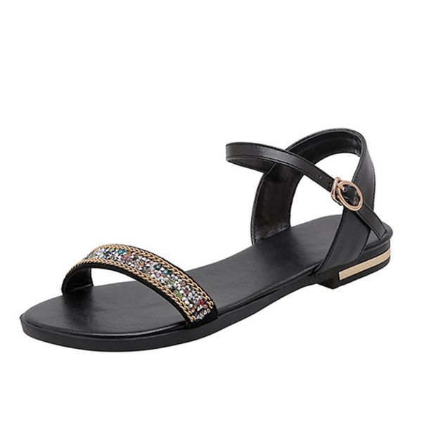 

genuine leather women sandals casual crystal summer shoes woman beach flat sandals soft comfort plus size 45 flip flop, Black