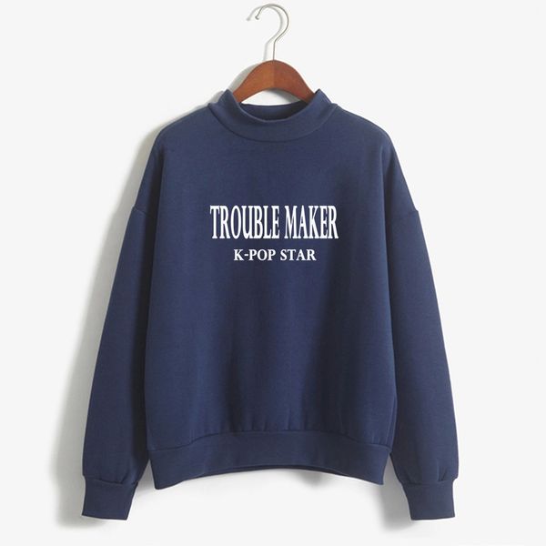 

korean k- troublemaker print hoodies sweatshirt women winter clothing harajuku turtleneck pullover sweatshirt schoolgirl, Black