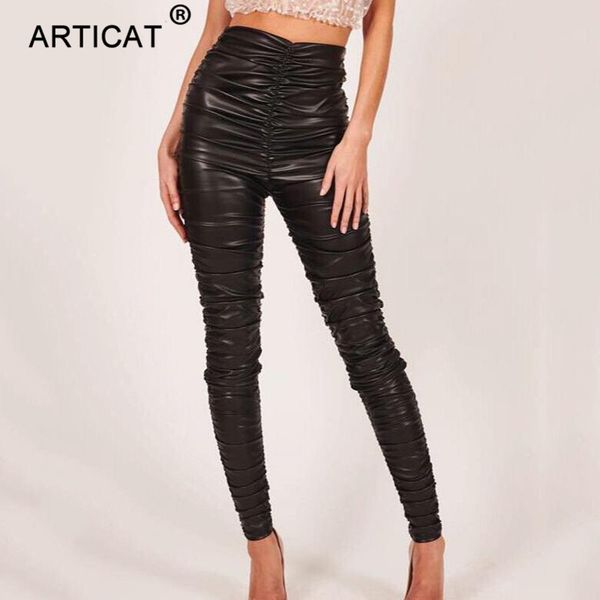 

articat black high waist pu leather pencil pants women pleated elastic bodycon autumn trousers women streetwear skinny leggings y190502, Black;white