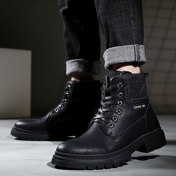 

fashion winter men's martin boots warm working boots lace up men's desert boots round toe high shoes 2019 new, Black