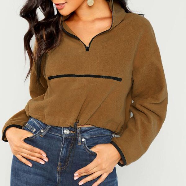 

women fluffy sweatshirt pullovers cropped turtleneck zip-up solid long sleeve zipper sweatershirt casual clothing moletom, Black