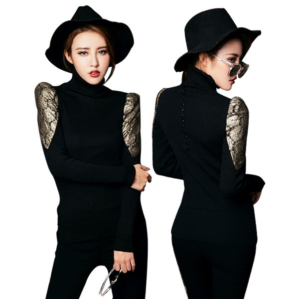 

мода весна осень черный сексуальный клуб трикотажная водолазка long golden lace твердые заплатки кнопки свитер женщины одежда 6835, White;black