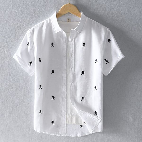 

men's casual shirts 2021 mens short sleeve fashion summer cotton linen breathable male skull printing y2807, White;black