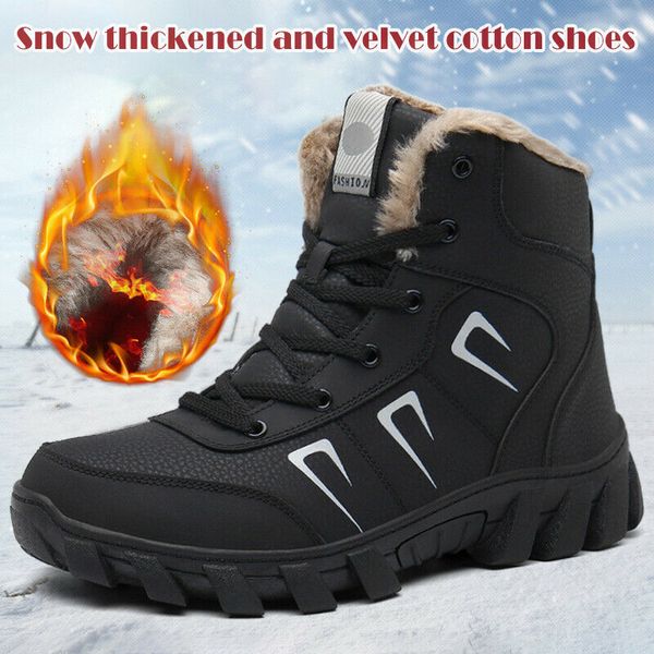 

men leather snow boots plush lined thick winter warm waterproof non-slip shoes c55, Black