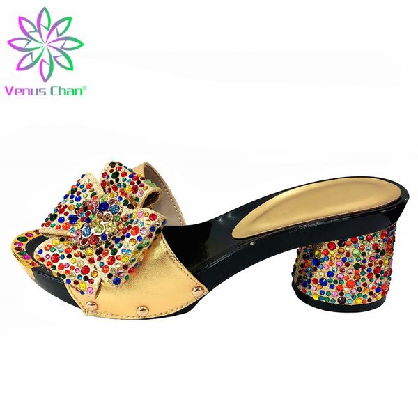 

new gold color african lady high heels pumps decorated with rhinestones nigerian design italian slipper for wedding party, Black