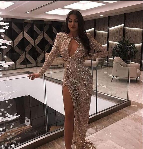 

2019 aso ebi arabic sparkly sequined evening dresses long sleeves high split prom dresses mermaid formal party second reception gowns, Black;red