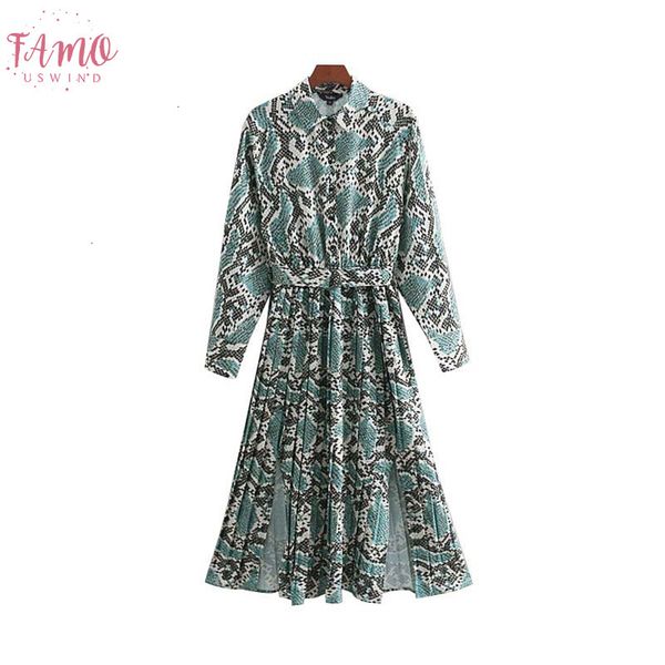 

chic snake print shirt dress a line animal pattern bow tie sashes elastic waist pleated long sleeve midi dresses vestidos qb240, Black;gray