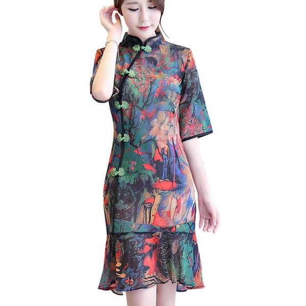 

2020 улучшение cheongsam платье шифон цветочный принт традиционный китайский платья для женщин народном стиле ципао современный чонсам, Red