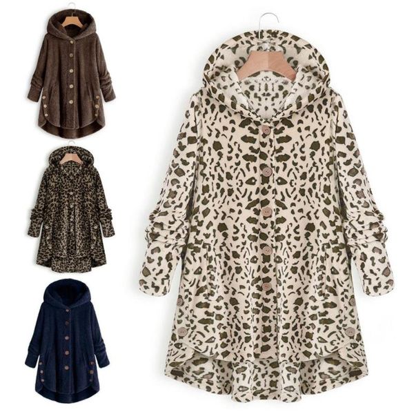 

fashion winter women solid color leopard warm plush button irregular hooded coat outwear, Black