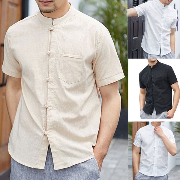 

linen shirts men harajuku casual blouse men's summer new style personality cotton-linen pure short sleeved sport shirts hawaiian, White;black