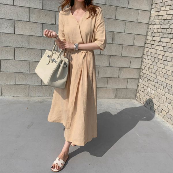 

new women long dress three quarter sleeve cotton and linen accept waist dresses khaki black apricot 6721, Black;gray