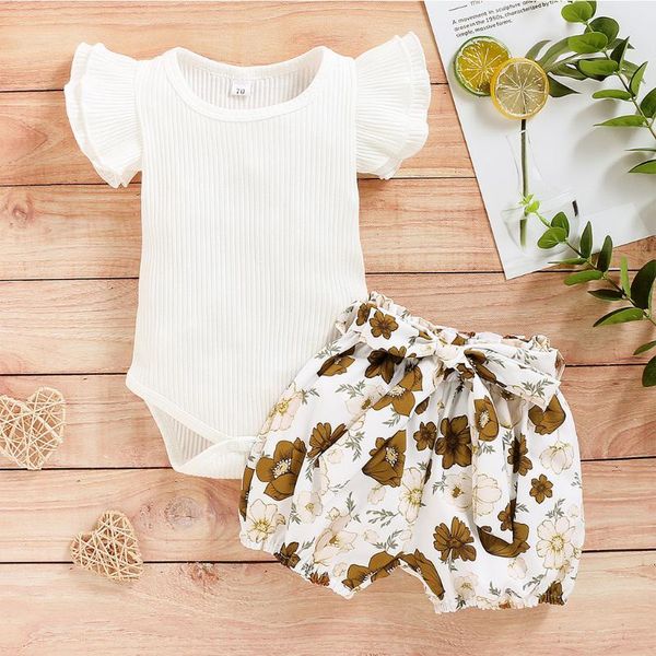 

младенческая одежда для девочек оборками ползунки рукав боди + цветочные шорты наряды повседневная о-образным вырезом лето оптовая продажа z, White