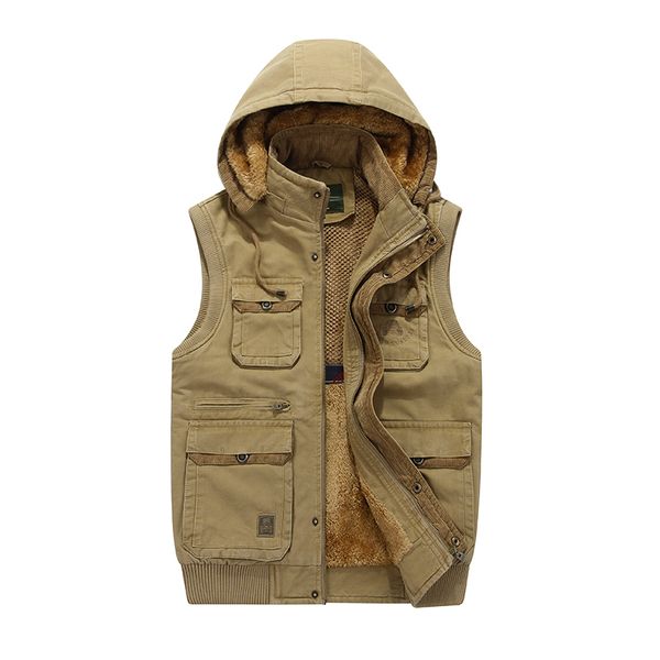 

men's hooded cotton fur vest standing-collar simplified fashion multiple pocket waistcoat spring and autumn wear middle-aged, Black;white